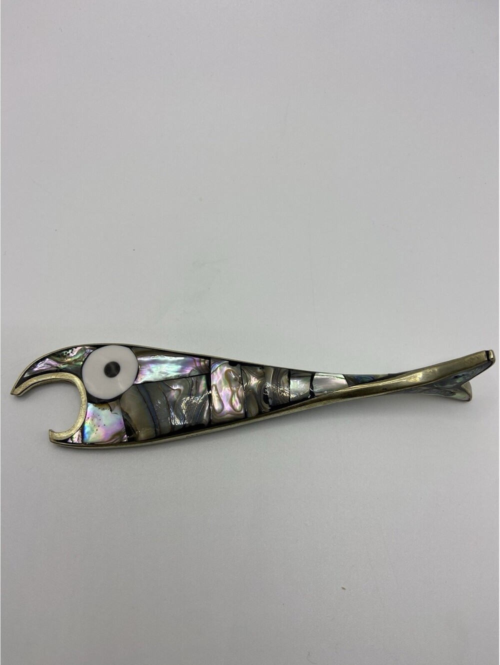 VINTAGE Alpaca Mexico Abalone Mother Of Pearl Fish Bottle Opener